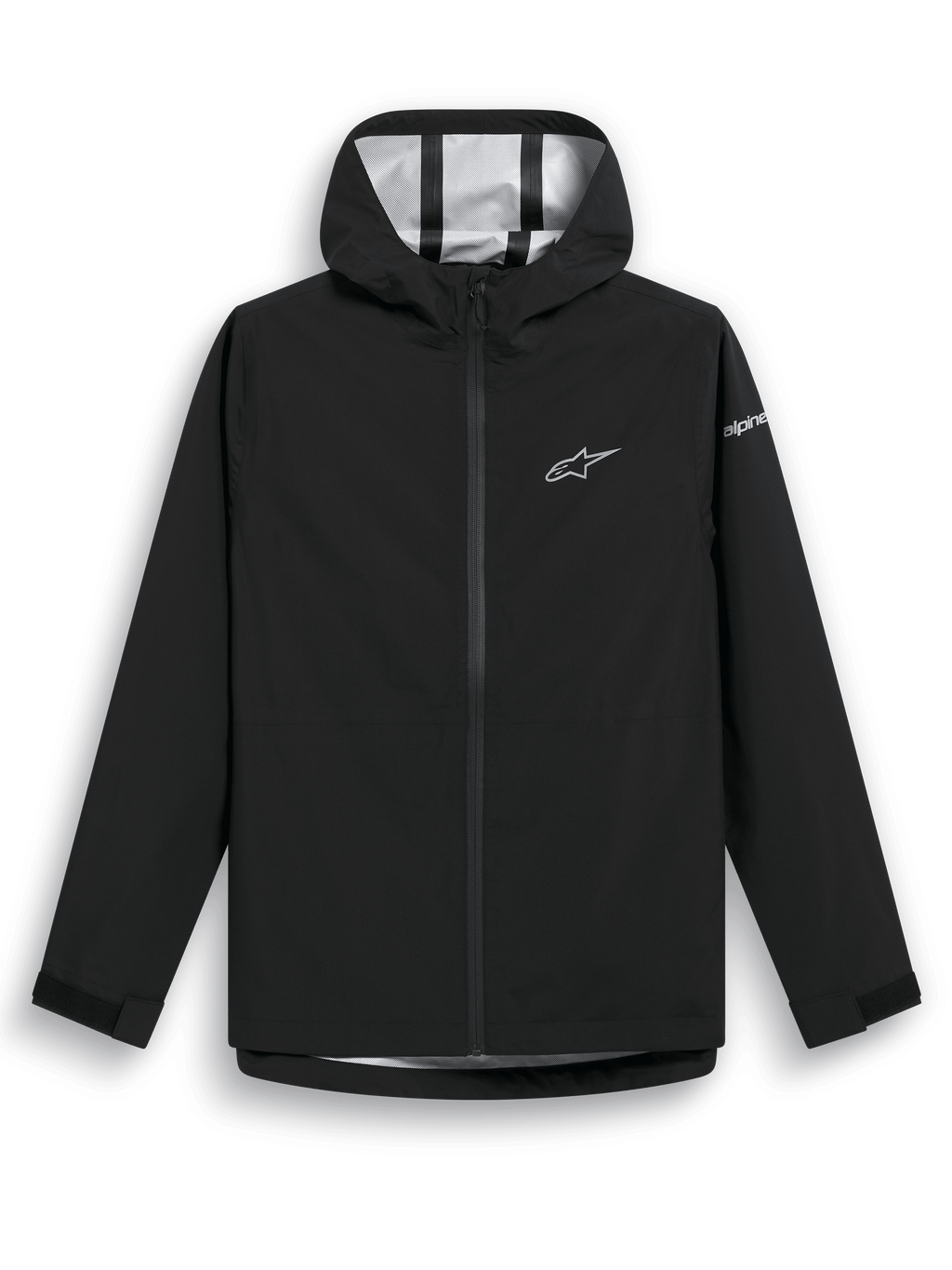 Veste de pluie Alpinestars Kascade, veste imperméable noire, tissu 2,5L résistant à l'eau avec coutures étanchées, capuche fixe, fermeture éclair avant inversée enduite, pattes de serrage Velcro aux poignets, logo étoile Alpinestars blanc sur la poitrine et marquage sur la manche, vêtement décontracté pour temps humide