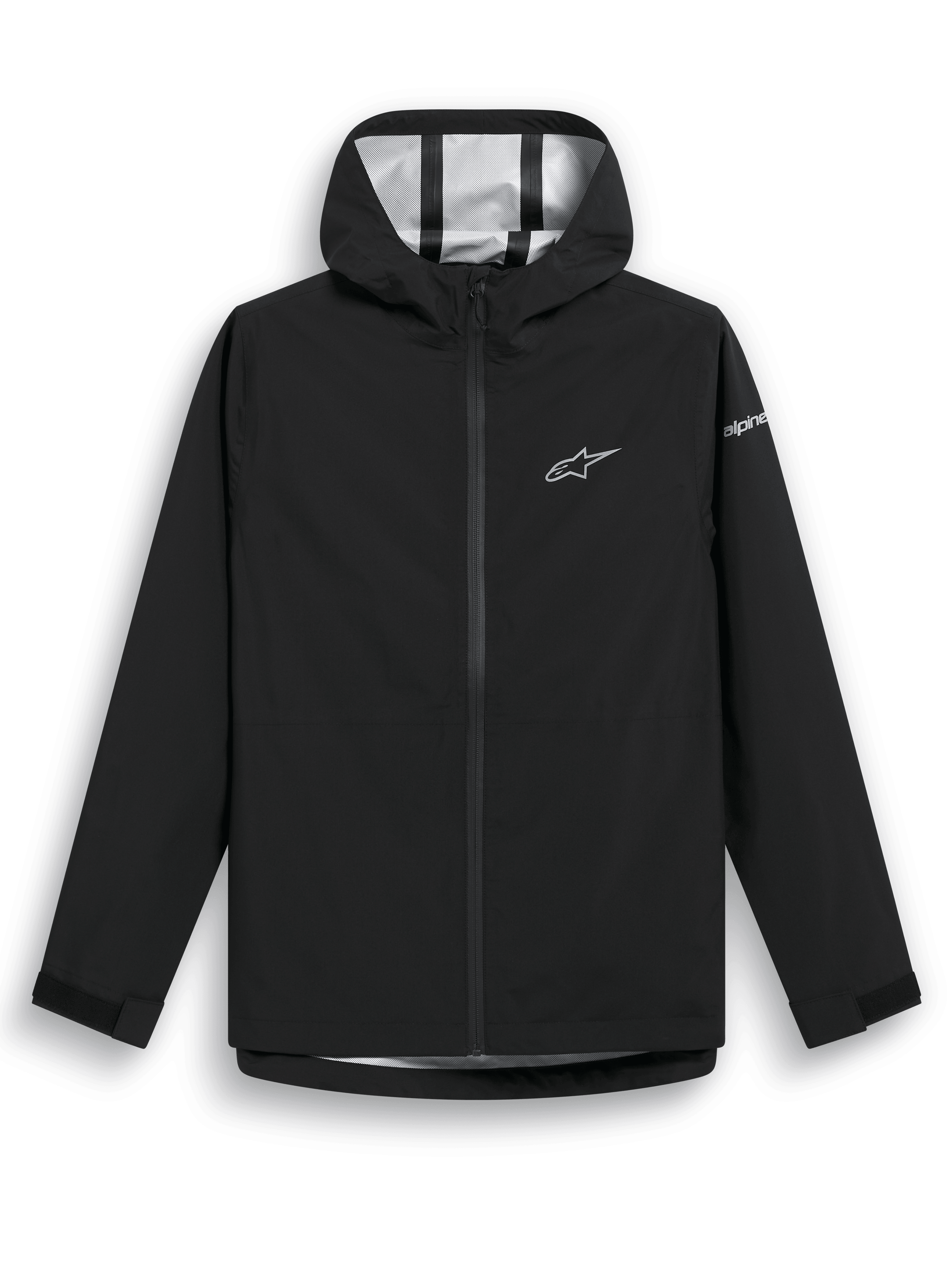 Veste de pluie Alpinestars Kascade, veste imperméable noire, tissu 2,5L résistant à l'eau avec coutures étanchées, capuche fixe, fermeture éclair avant inversée enduite, pattes de serrage Velcro aux poignets, logo étoile Alpinestars blanc sur la poitrine et marquage sur la manche, vêtement décontracté pour temps humide
