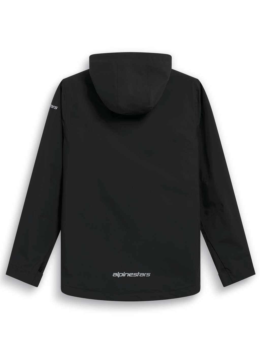 Veste de pluie Alpinestars Kascade, vue de dos, veste imperméable noire, capuche fixe, logo Alpinestars argenté en bas du dos, manches longues, design haute performance inspiré du sport automobile