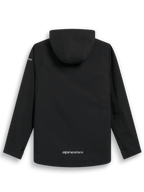 Veste de pluie Alpinestars Kascade, vue de dos, veste imperméable noire, capuche fixe, logo Alpinestars argenté en bas du dos, manches longues, design haute performance inspiré du sport automobile