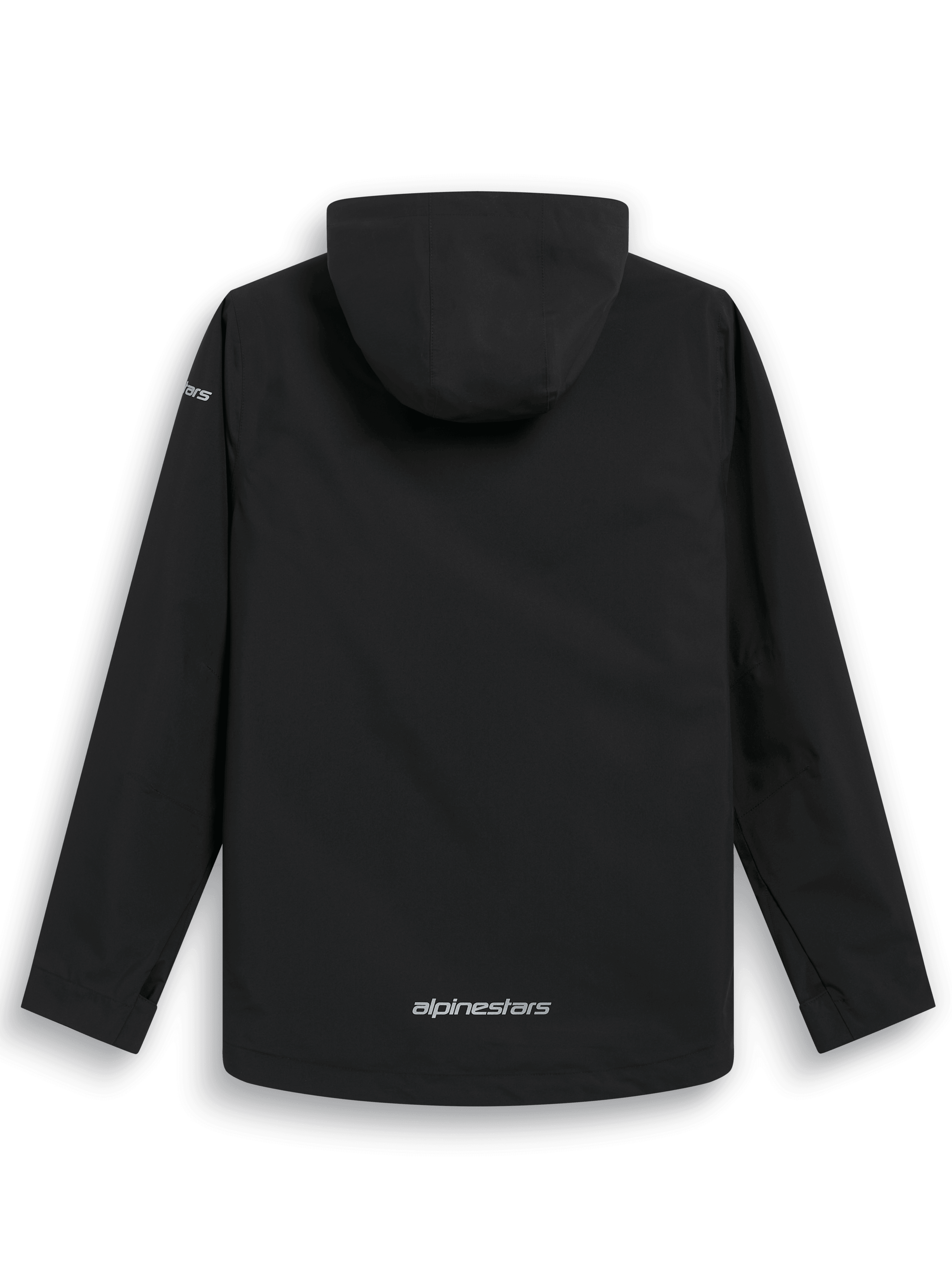 Veste de pluie Alpinestars Kascade, vue de dos, veste imperméable noire, capuche fixe, logo Alpinestars argenté en bas du dos, manches longues, design haute performance inspiré du sport automobile
