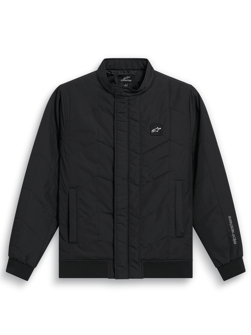 Veste Alpinestars Precedent, veste de sport matelassée noire inspirée de la F1, avec motif matelassé en angle, col bas, poignets et ourlet côtelés, petit écusson logo sur la poitrine et broderie sur la manche, design décontracté inspiré du sport automobile