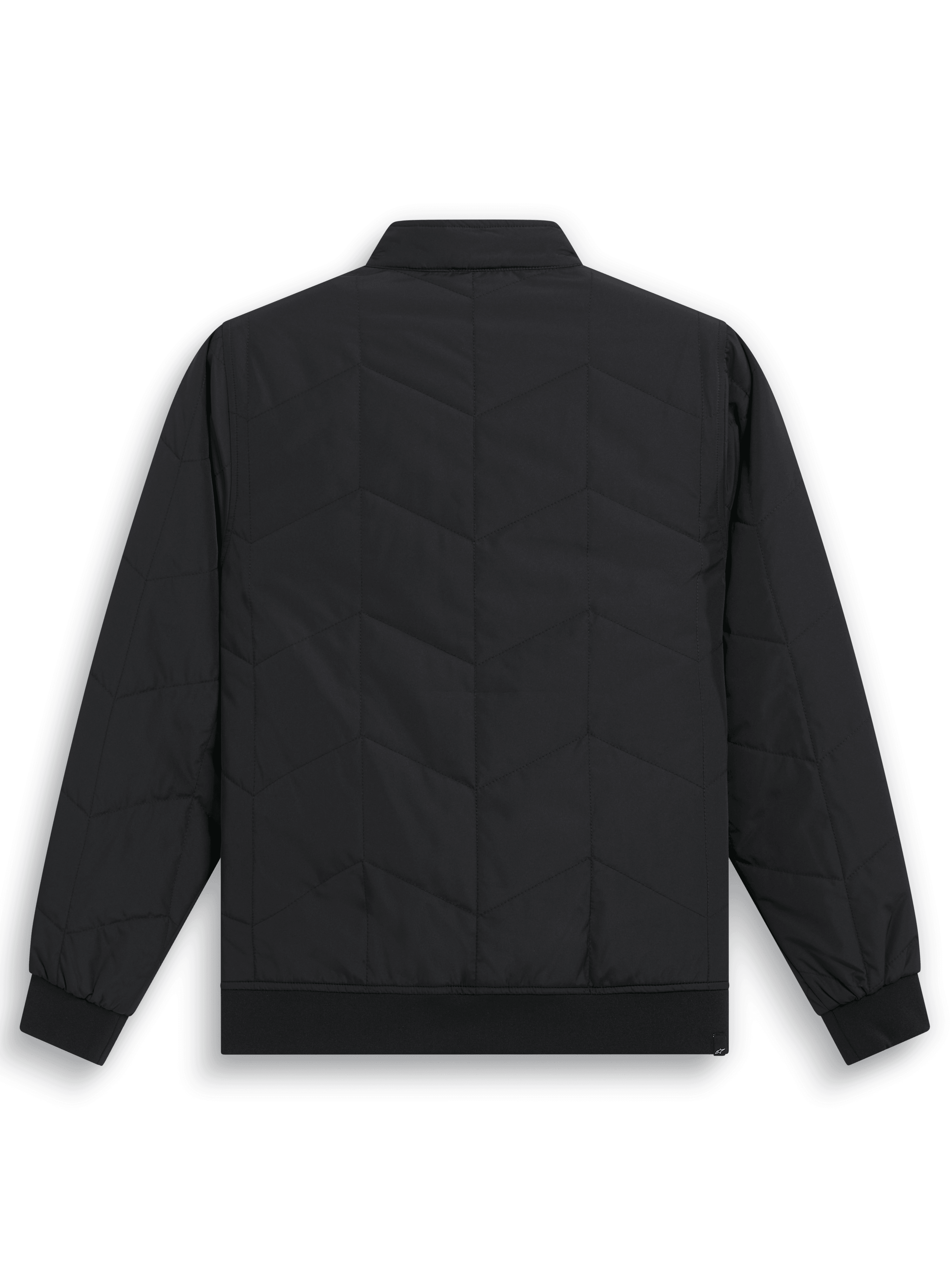 Veste Precedent Alpinestars, veste sportswear matelassée inspirée de la F1, noire, vue arrière montrant le motif matelassé en angle iconique, poignets et ourlet en tricot côtelé, col bas, design décontracté inspiré du sport automobile