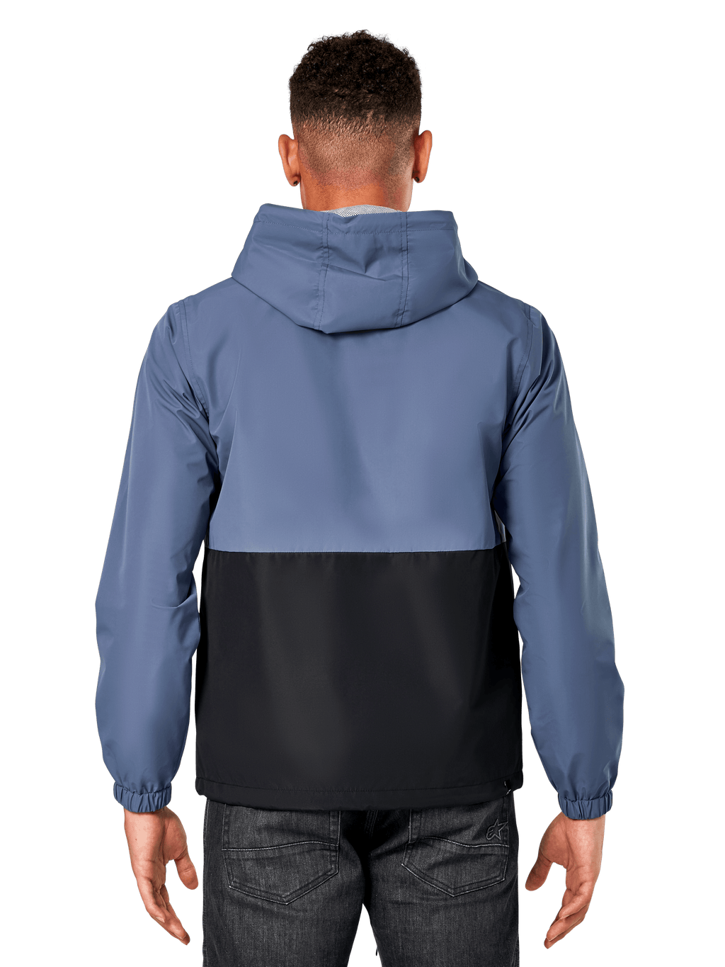 Veste coupe-vent Speeder Alpinestars, vue de dos d'un homme portant une veste bicolore bleu ardoise et noir, design à corps bloqué, à capuche, vêtement de sport décontracté léger avec poignets élastiques