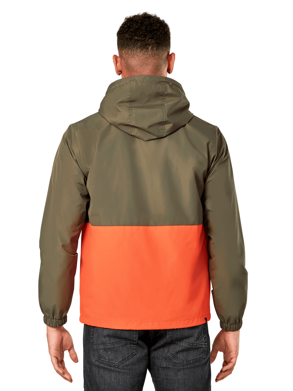 Veste coupe-vent Alpinestars Speeder, coupe-vent léger à capuche, design bicolore vert militaire et orange, vue de dos montrant la capuche et les poignets élastiques, style sportswear décontracté