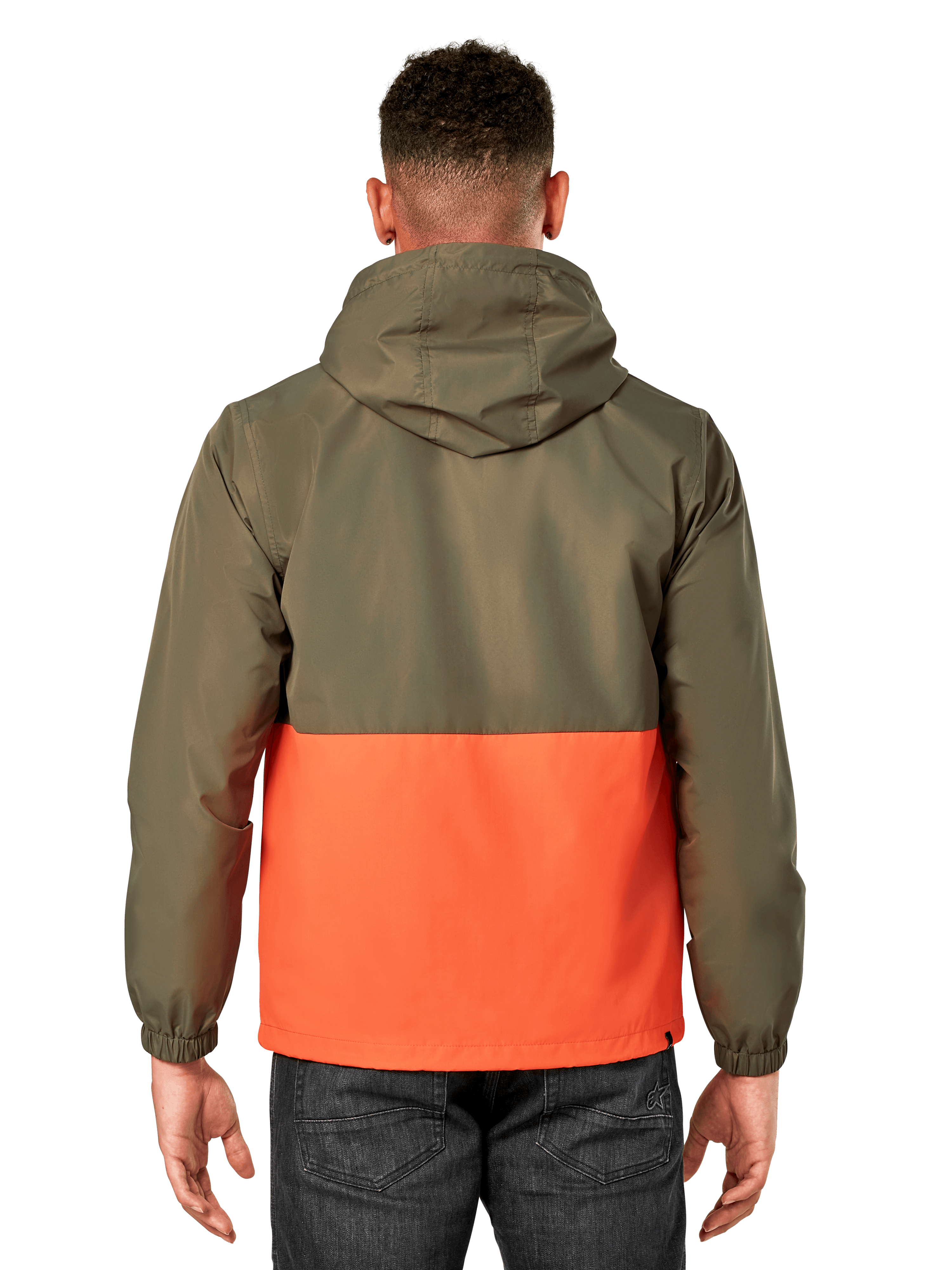 Veste coupe-vent Alpinestars Speeder, coupe-vent léger à capuche, design bicolore vert militaire et orange, vue de dos montrant la capuche et les poignets élastiques, style sportswear décontracté