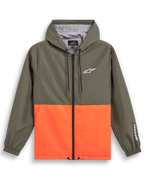 Veste coupe-vent Alpinestars Speeder, sportswear décontracté, design color-block vert olive et orange vif, logo Astars blanc sur la poitrine et la manche, capuche avec doublure en mesh, cordons de serrage réglables, poignets élastiques