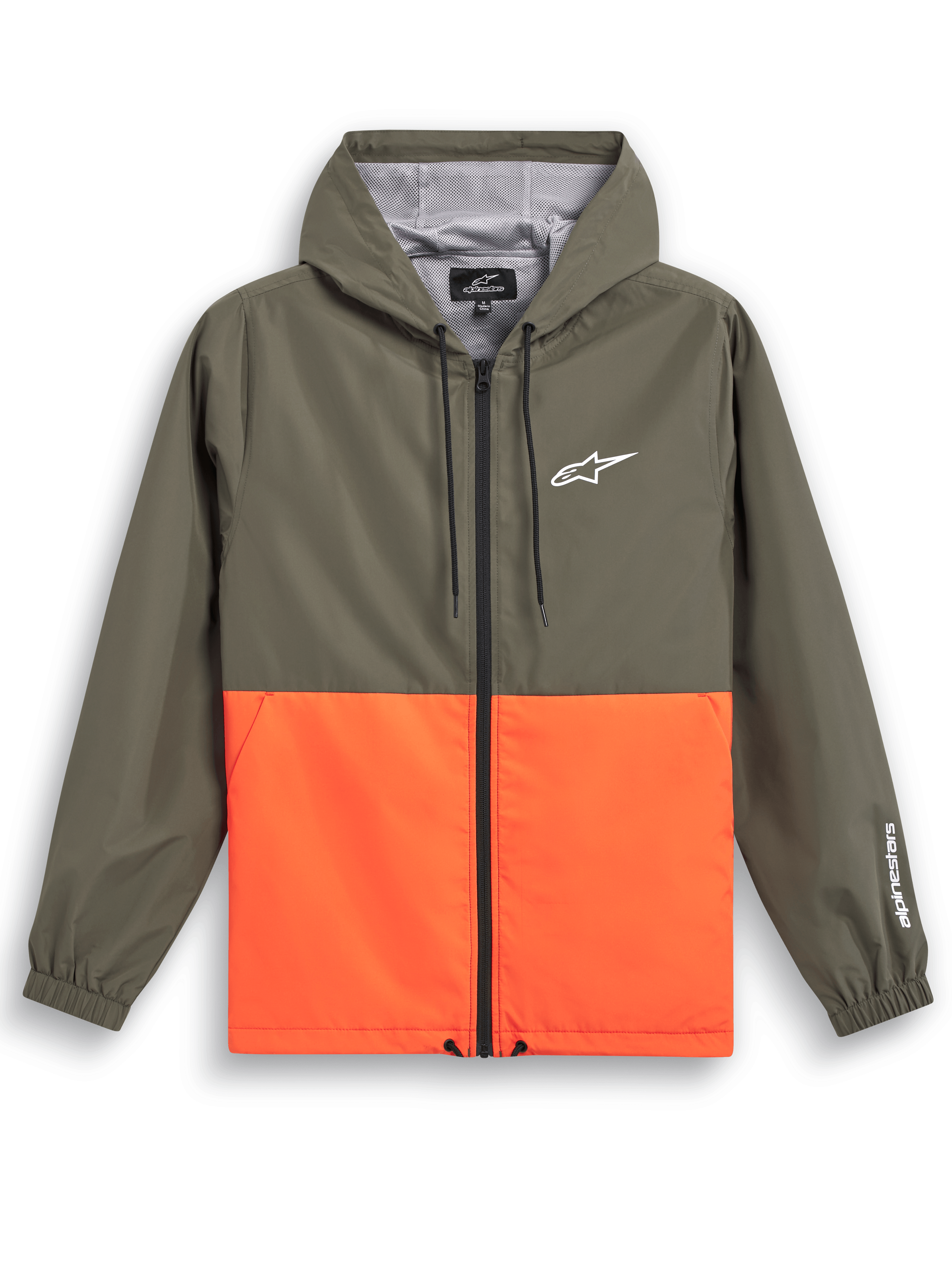 Veste coupe-vent Alpinestars Speeder, sportswear décontracté, design color-block vert olive et orange vif, logo Astars blanc sur la poitrine et la manche, capuche avec doublure en mesh, cordons de serrage réglables, poignets élastiques