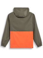 Veste coupe-vent Alpinestars Speeder, coupe-vent léger à capuche, orange militaire et vert olive, vue de dos présentant un design bicolore, une capuche et des poignets élastiques.