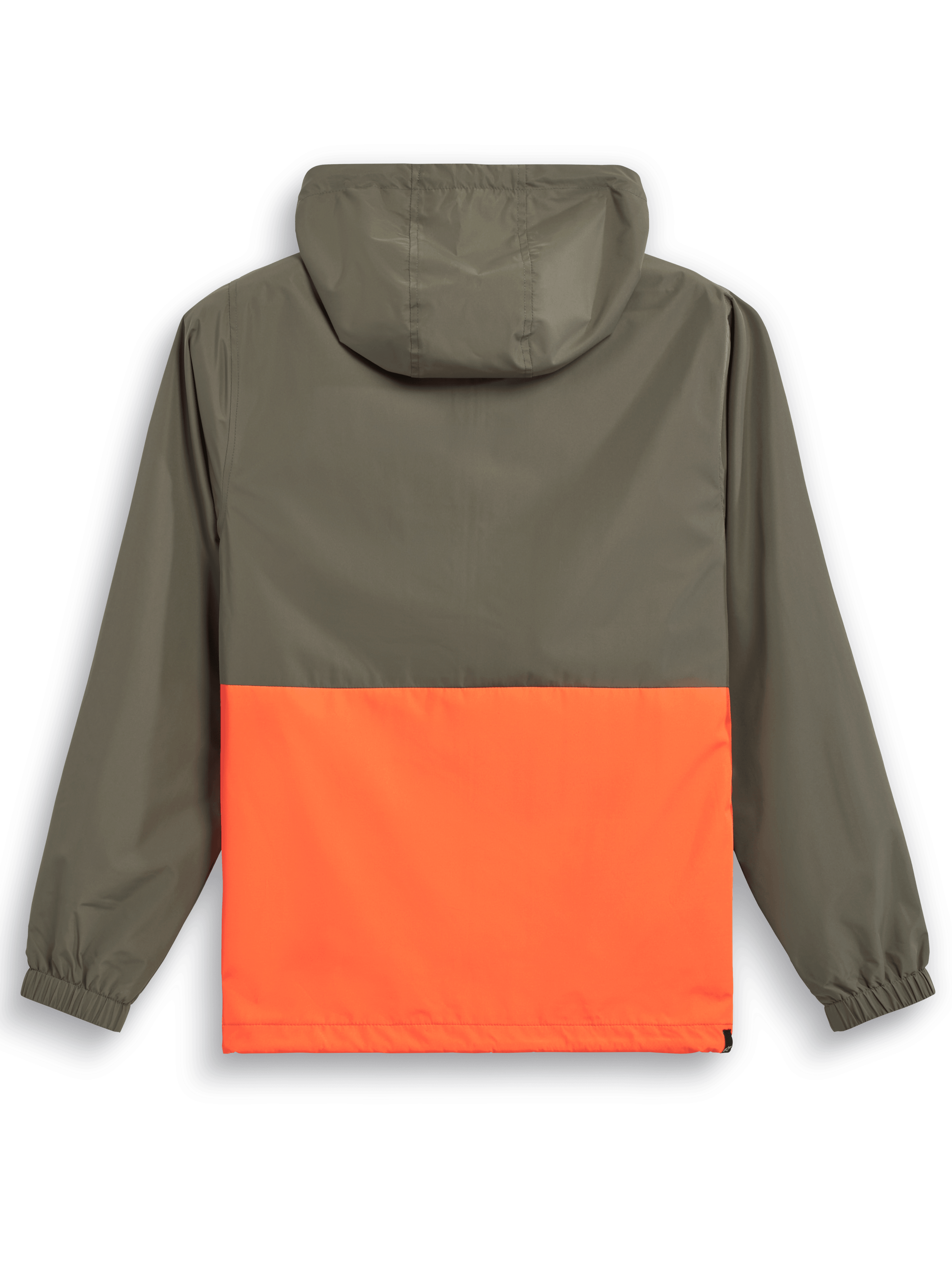 Veste coupe-vent Alpinestars Speeder, coupe-vent léger à capuche, orange militaire et vert olive, vue de dos présentant un design bicolore, une capuche et des poignets élastiques.