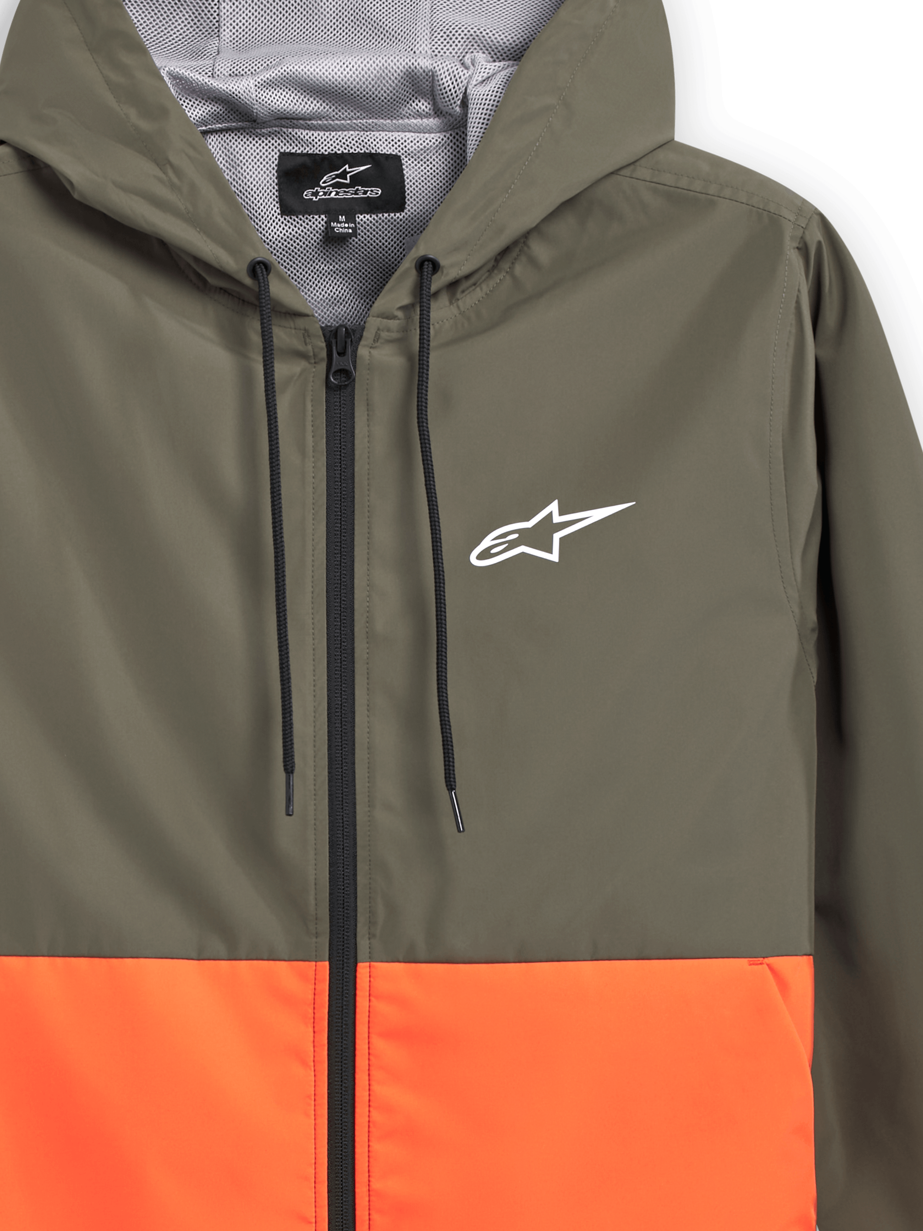 Veste coupe-vent Alpinestars Speeder, coupe-vent léger à capuche, design color-block orange militaire et vert, logo Alpinestars blanc sur la poitrine, capuche doublée en mesh avec cordons de serrage noirs, sportswear décontracté