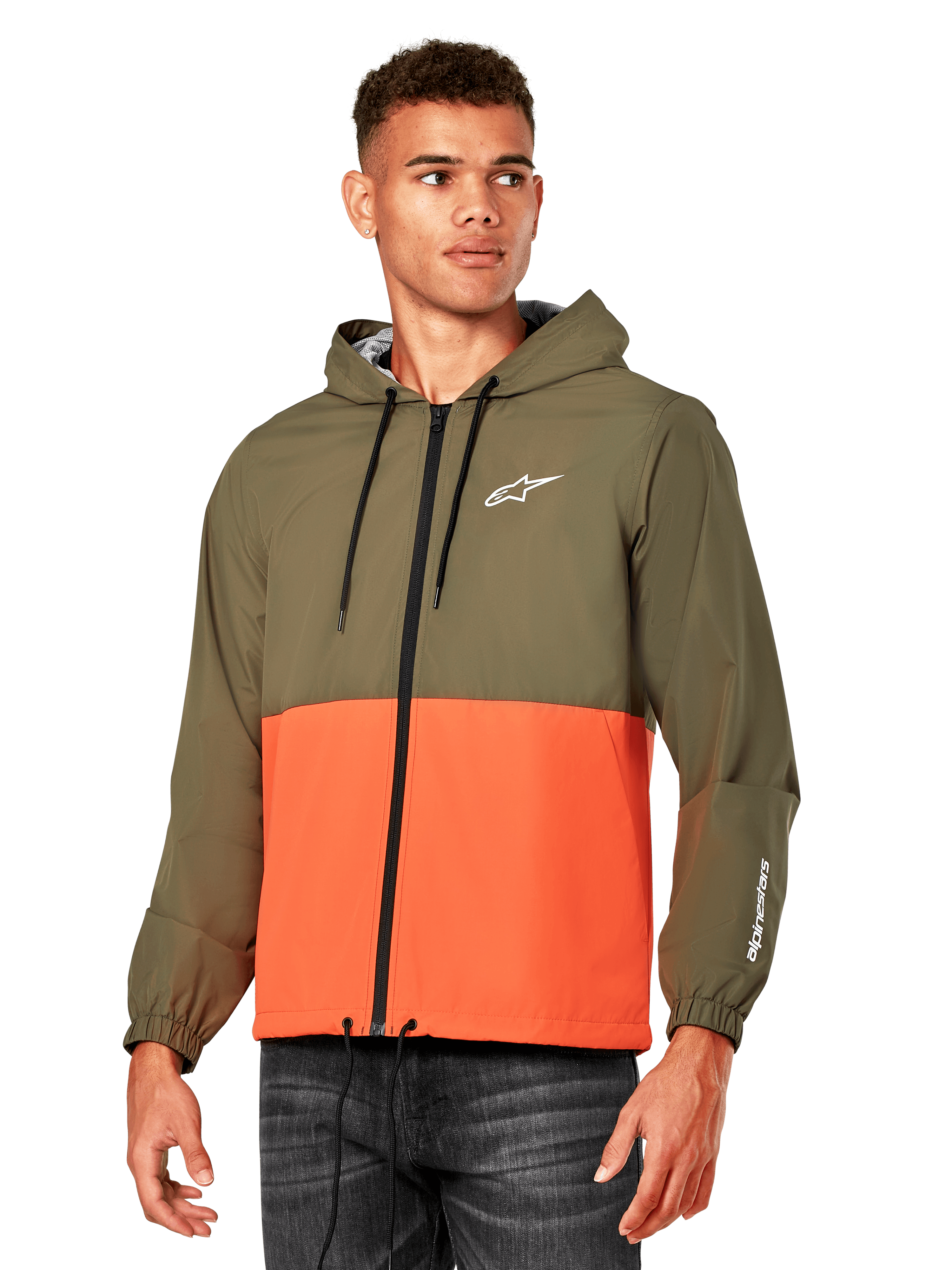 Veste coupe-vent Alpinestars Speeder, coupe-vent léger à capuche, orange militaire et vert olive, design à blocs de couleurs avec logo blanc sur la poitrine et la manche, vêtement d'extérieur décontracté inspiré du sport automobile