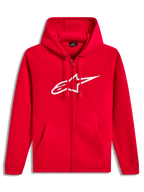 Alpinestars Ageless Zip V3 Hoodie, sweat à capuche zippé rouge avec logo blanc sur la poitrine, style sportswear.