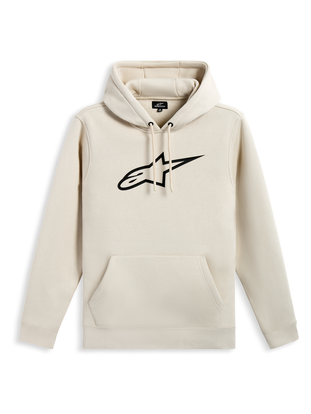 Sweat à capuche Alpinestars Ageless V3, polaire décontractée, blanc cassé avec logo étoile brodé noir, capuche à cordon de serrage, poche kangourou, poignets et ourlet côtelés, streetwear inspiré du sport automobile