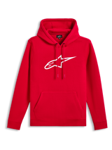 Sweat à capuche Alpinestars Ageless V3, rouge avec logo brodé blanc, sweat en polaire, capuche avec cordon de serrage, poche kangourou, style streetwear décontracté inspiré du sport automobile