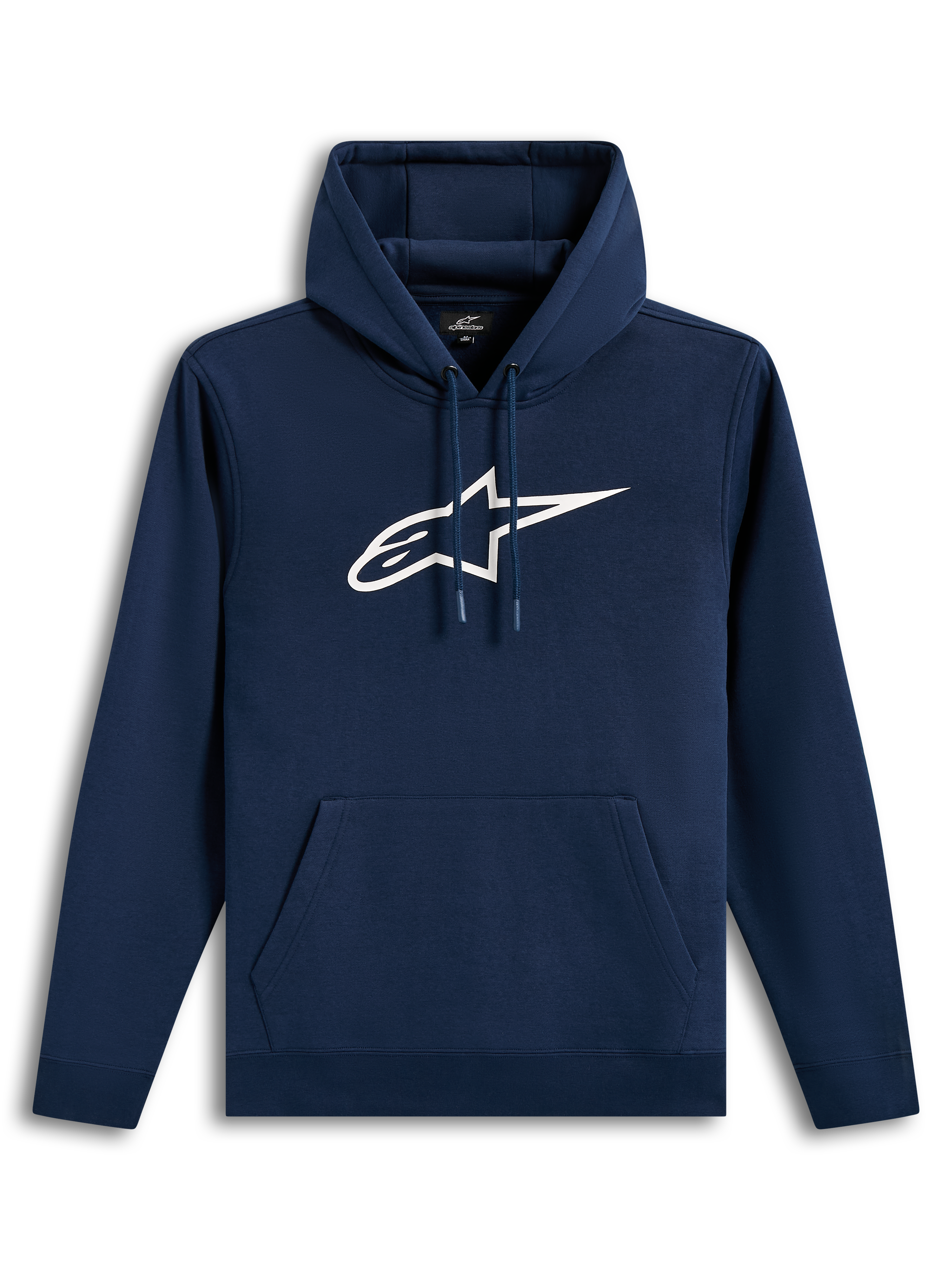 Alpinestars Ageless V3 Hoodie, sweat à capuche sportswear bleu marine et blanc avec grand logo brodé sur la poitrine.