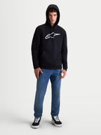 Alpinestars Sweat à capuche Ageless V3, sweat à capuche de sportswear pour homme, noir et blanc, logo Alpinestars brodé sur la poitrine, capuche doublée avec cordons de serrage, confection en polaire douce, style motorsport décontracté