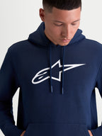 Alpinestars sweat à capuche Ageless V3, sweat à capuche pour homme, bleu marine et blanc, avec logo Alpinestars blanc brodé sur la poitrine, capuche avec cordons et construction en polaire douce, style sportswear motorsport décontracté