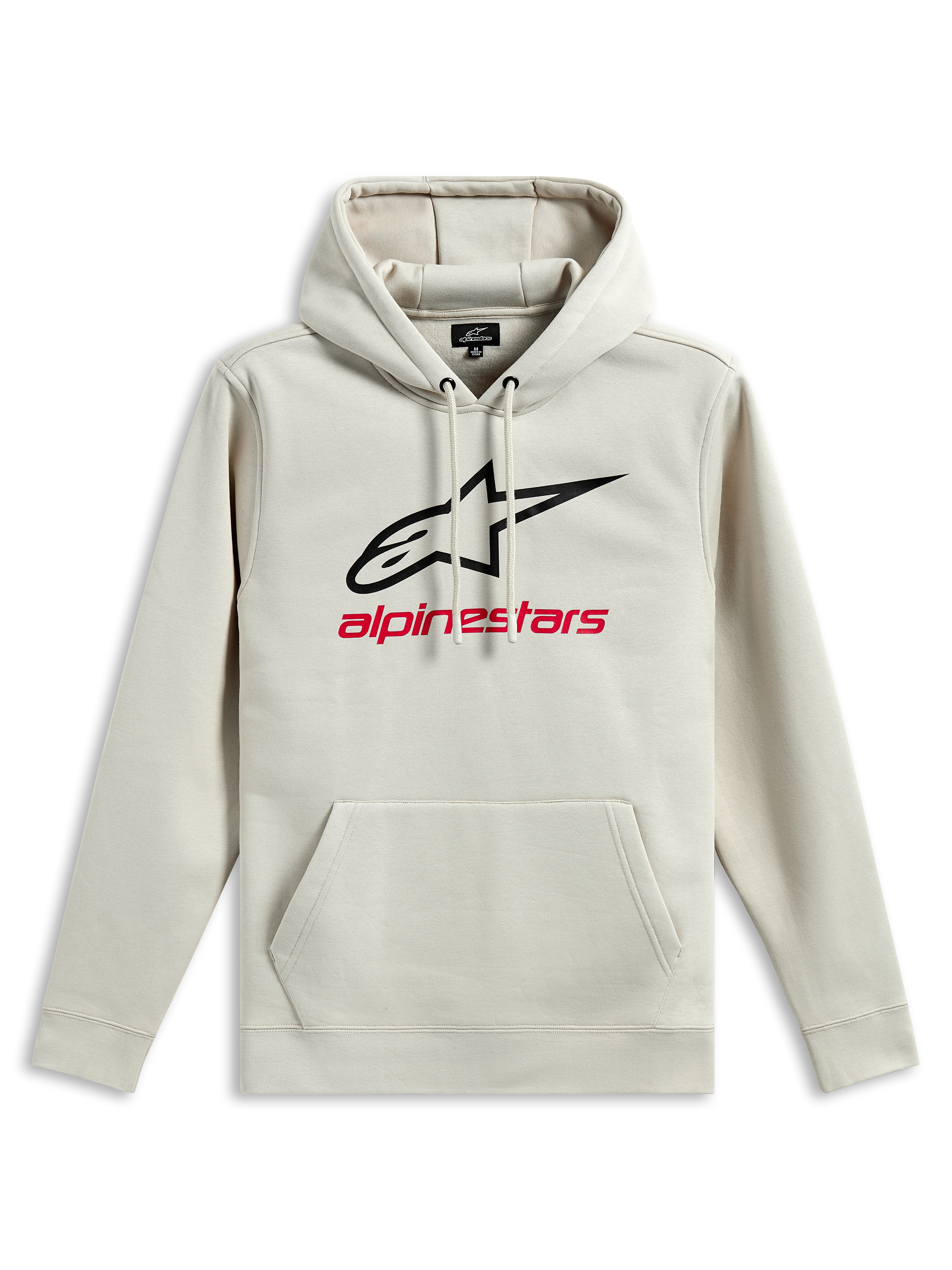 Alpinestars Always V3 Hoodie, pull à capuche en polaire, blanc cassé, logo étoile noir et texte Alpinestars rouge sur la poitrine, poche kangourou, capuche avec cordon de serrage, vêtement de sport décontracté inspiré du sport automobile
