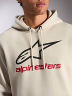 Sweat à capuche Alpinestars Always V3, style streetwear décontracté, blanc cassé avec logo étoile noir et texte Alpinestars rouge, capuche à cordon de serrage, polaire premium, design moderne inspiré des sports mécaniques