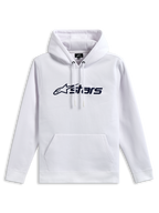 Alpinestars Blaze V3 Hoodie, sweat à capuche en polaire, blanc avec logo imprimé bleu marine à l'avant, capuche à cordon doublée en jersey et poche kangourou, streetwear décontracté inspiré du sport automobile