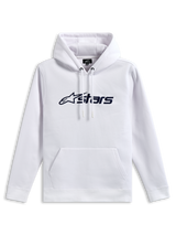 Alpinestars Blaze V3 Hoodie, pullover fleece sweatshirt, White with navy blue front logo print, jersey-lined drawstring hood and kangaroo pocket, casual motorsport-inspired streetwear