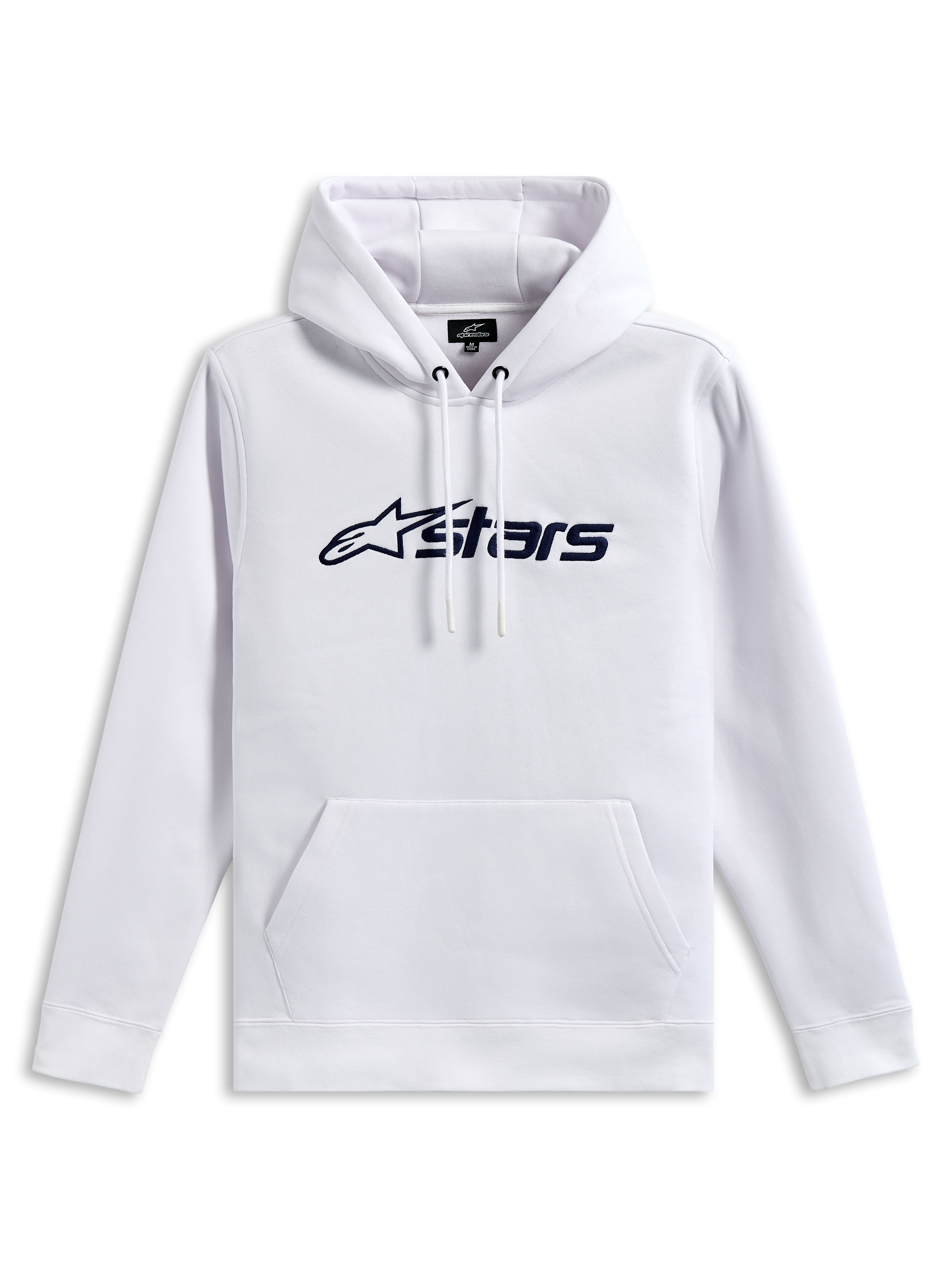 Alpinestars Blaze V3 Hoodie, pullover fleece sweatshirt, White with navy blue front logo print, jersey-lined drawstring hood and kangaroo pocket, casual motorsport-inspired streetwear