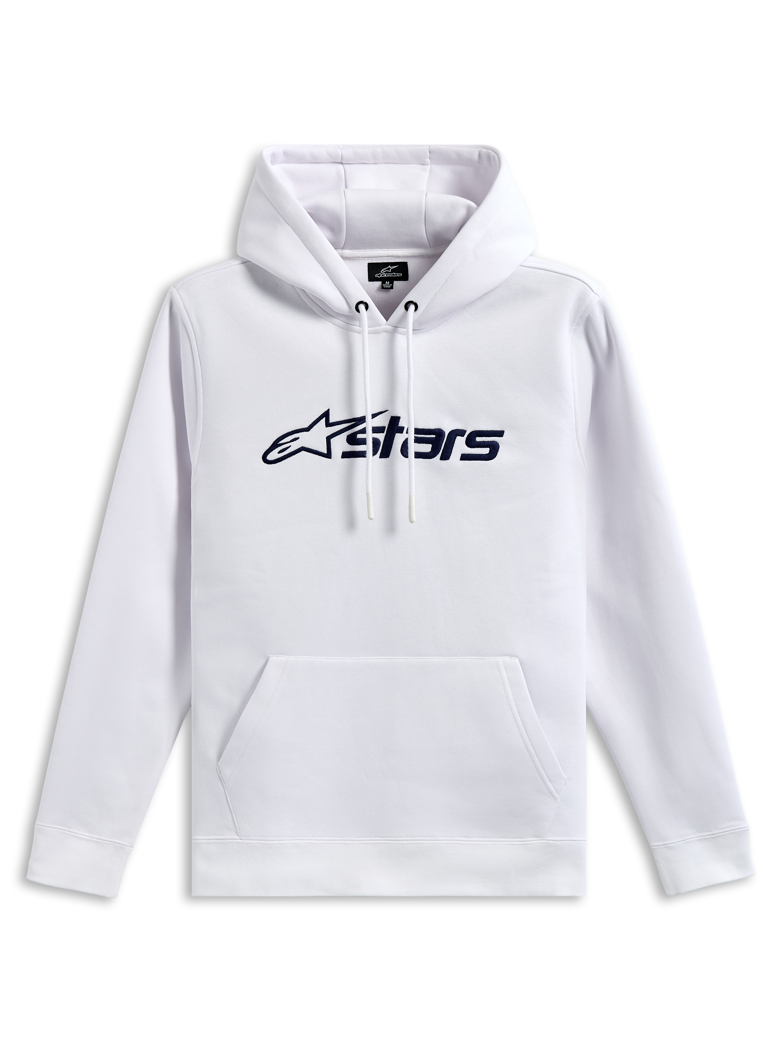 Alpinestars Blaze V3 Hoodie, sweat à capuche en polaire, blanc avec logo imprimé bleu marine à l'avant, capuche à cordon doublée en jersey et poche kangourou, streetwear décontracté inspiré du sport automobile