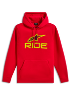 Alpinestars Ride V3 Hoodie, sweat à capuche en polaire rouge, logo RIDE et symbole Astars jaune haute visibilité avec impression perforée noire, capuche avec cordon de serrage, poche kangourou, streetwear décontracté motorsport