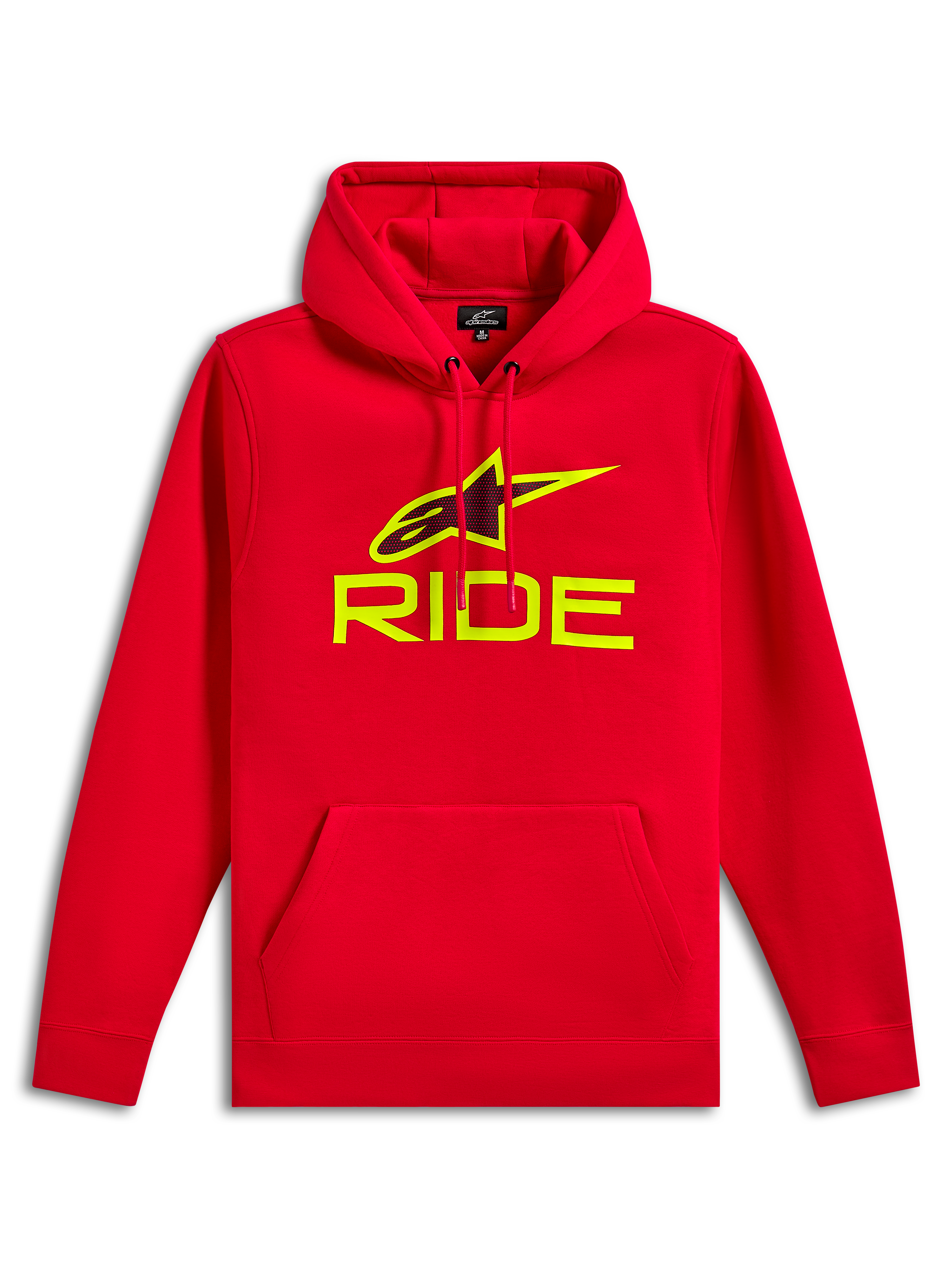 Alpinestars Ride V3 Hoodie, sweat à capuche en polaire rouge, logo RIDE et symbole Astars jaune haute visibilité avec impression perforée noire, capuche avec cordon de serrage, poche kangourou, streetwear décontracté motorsport