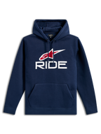 Sweat à capuche Alpinestars Ride V3, polaire décontractée bleu marine, logo RIDE blanc et logo étoile Alpinestars rouge sur la poitrine, capuche avec cordon de serrage, poche kangourou, manches longues et poignets côtelés.