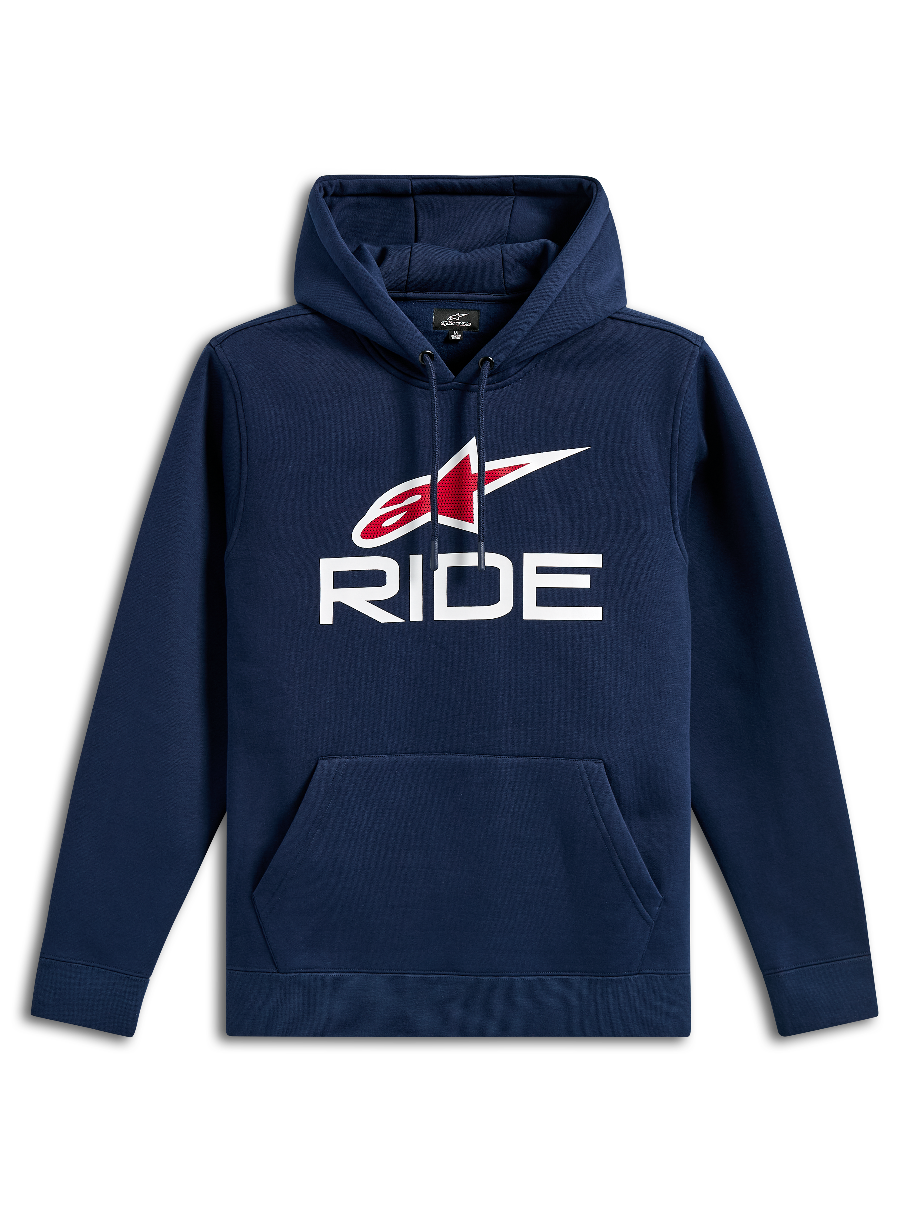 Sweat à capuche Alpinestars Ride V3, polaire décontractée bleu marine, logo RIDE blanc et logo étoile Alpinestars rouge sur la poitrine, capuche avec cordon de serrage, poche kangourou, manches longues et poignets côtelés.
