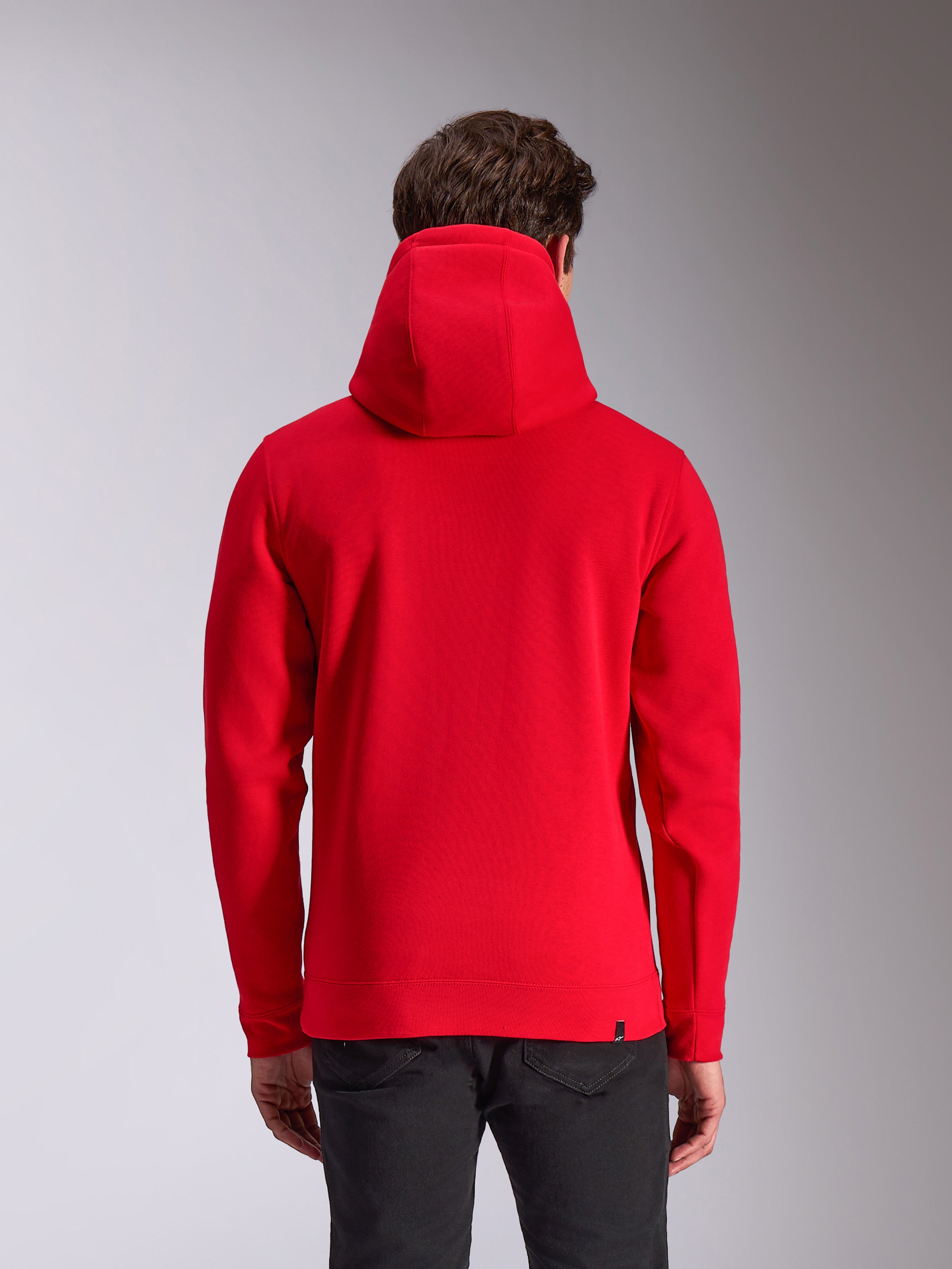 Sweat à capuche Alpinestars Ride V3, streetwear décontracté de sport automobile, sweat à capuche rouge, vue de dos, couleur rouge unie, poignets et ourlet côtelés, capuche doublée de jersey