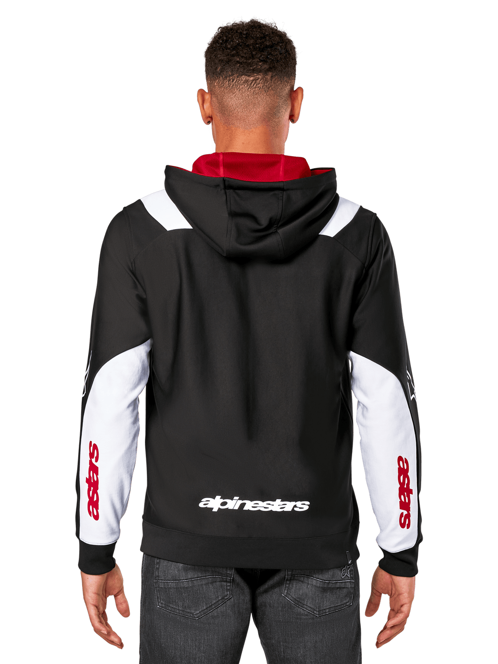 Sweat à capuche Alpinestars Sessions V3, vue de dos, noir avec empiècements blancs sur les manches et doublure de capuche rouge, avec logo textuel blanc au dos et marquage rouge sur les manches, vêtement urbain décontracté inspiré du sport automobile