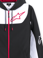 Sweat à capuche Alpinestars Sessions V3, sweat zippé en polaire polyester, noir avec accents blancs et rouges, doté d'un grand logo étoile Alpinestars rouge sur la poitrine, d'une fermeture éclair frontale rouge, de cordons avec embouts rouges et d'un logo blanc sur la manche, design décontracté inspiré du sport automobile