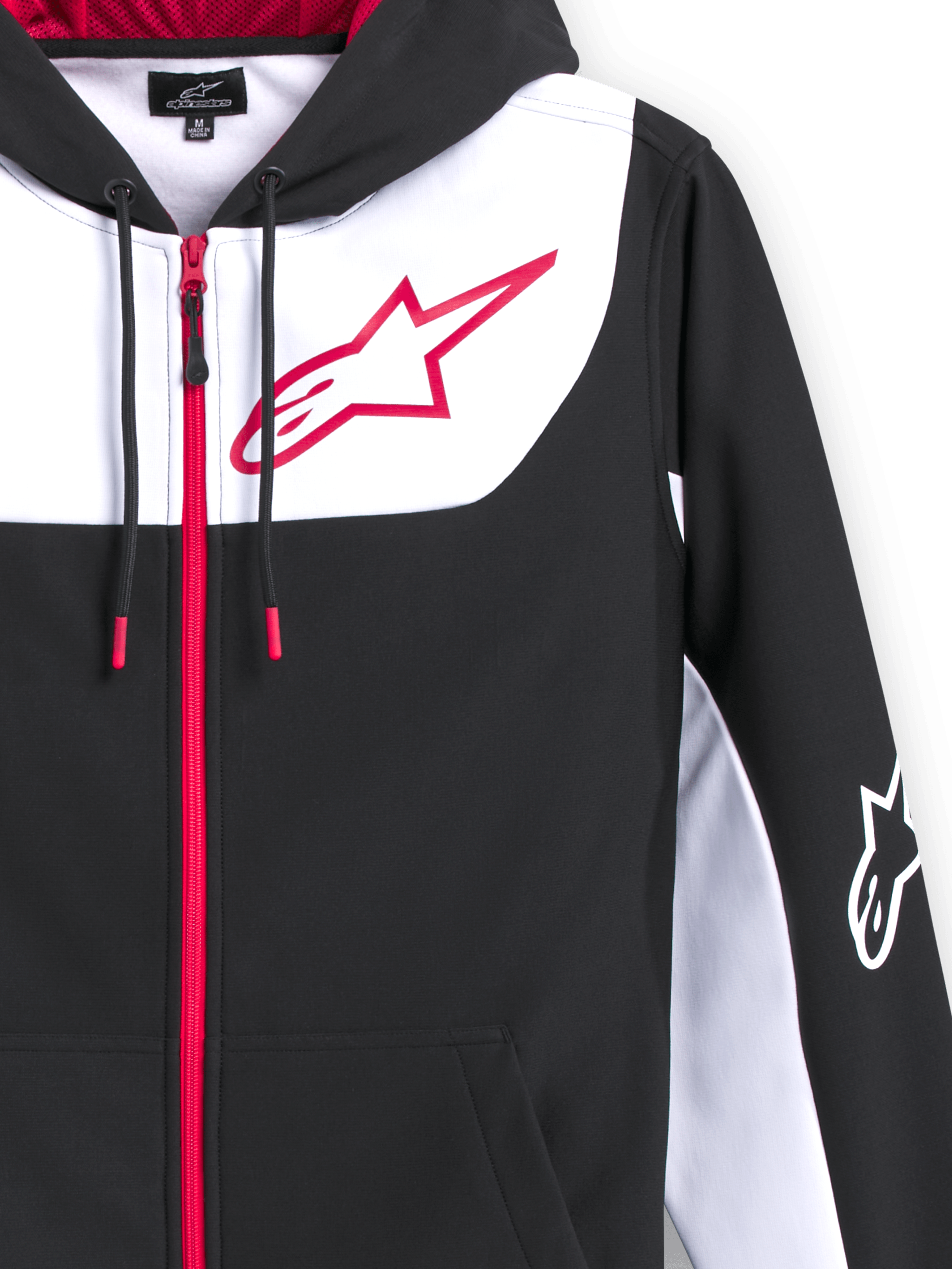 Sweat à capuche Alpinestars Sessions V3, sweat zippé en polaire polyester, noir avec accents blancs et rouges, doté d'un grand logo étoile Alpinestars rouge sur la poitrine, d'une fermeture éclair frontale rouge, de cordons avec embouts rouges et d'un logo blanc sur la manche, design décontracté inspiré du sport automobile