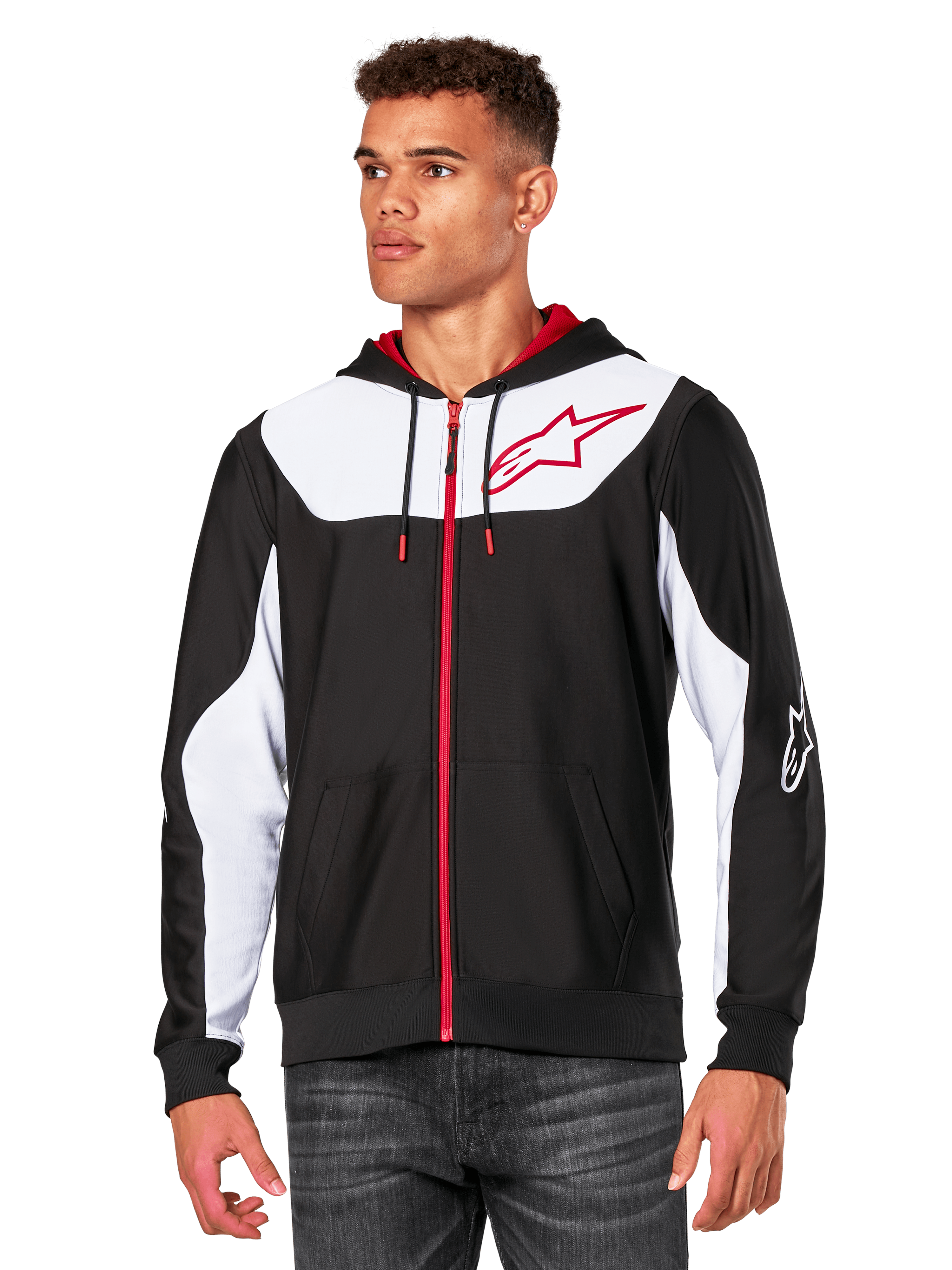 Alpinestars Sessions V3 Hoodie, sweat à capuche zippé, noir avec panneaux blancs et détails rouges, doté d'une fermeture éclair rouge, d'une capuche doublée en mesh et du logo étoile Alpinestars sur la poitrine, streetwear décontracté inspiré du sport automobile