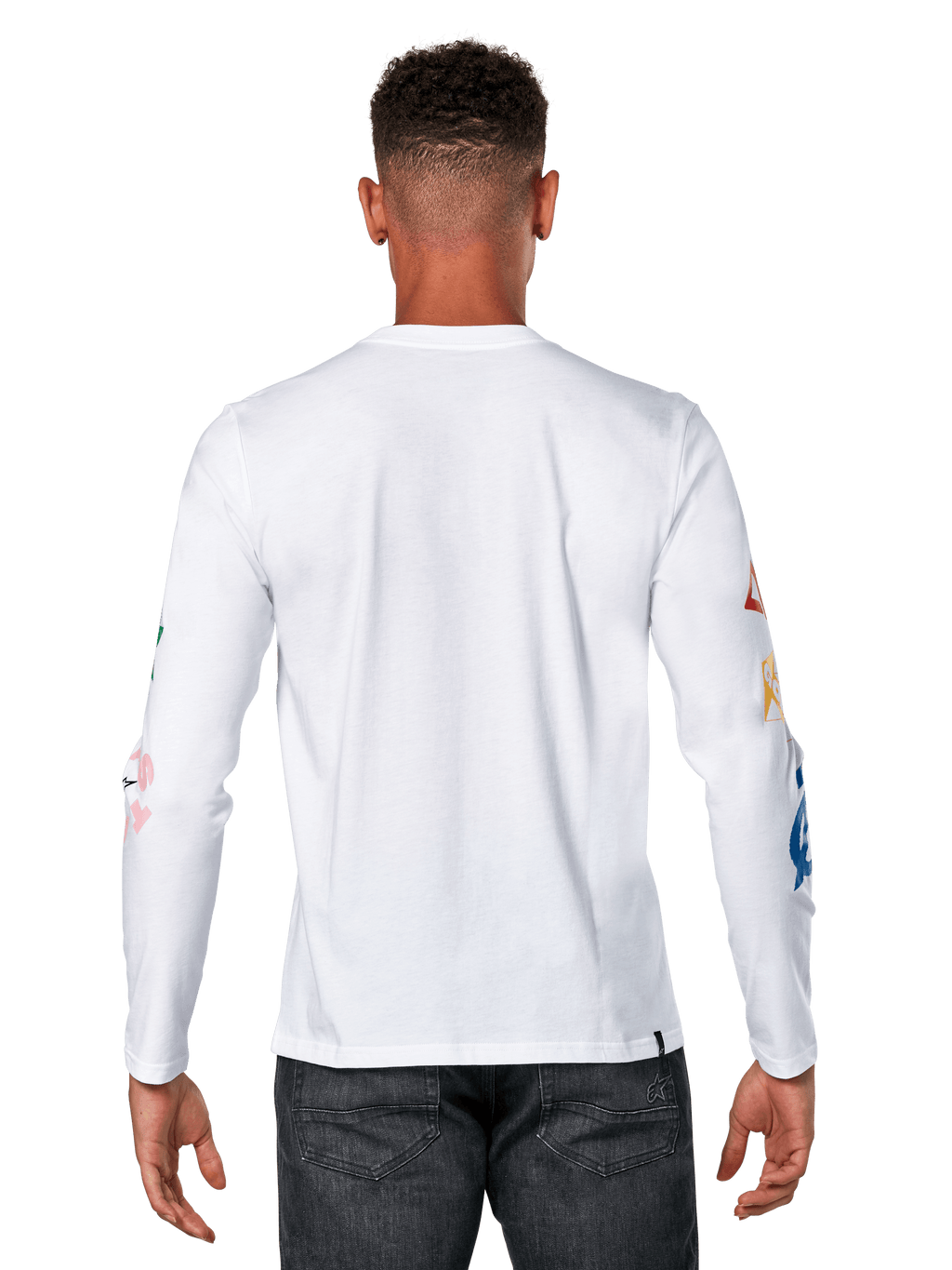 Alpinestars Brundo CSF Tee, Long Sleeve T-Shirt, White, back view featuring colorful graphic prints on the sleeves, casual motorsport streetwear