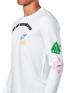 Alpinestars Brundo CSF Tee, Long Sleeve T-Shirt, White, featuring multi-colored chest and sleeve graphics with green triangle and pink logo details, casual motorsport sportswear
