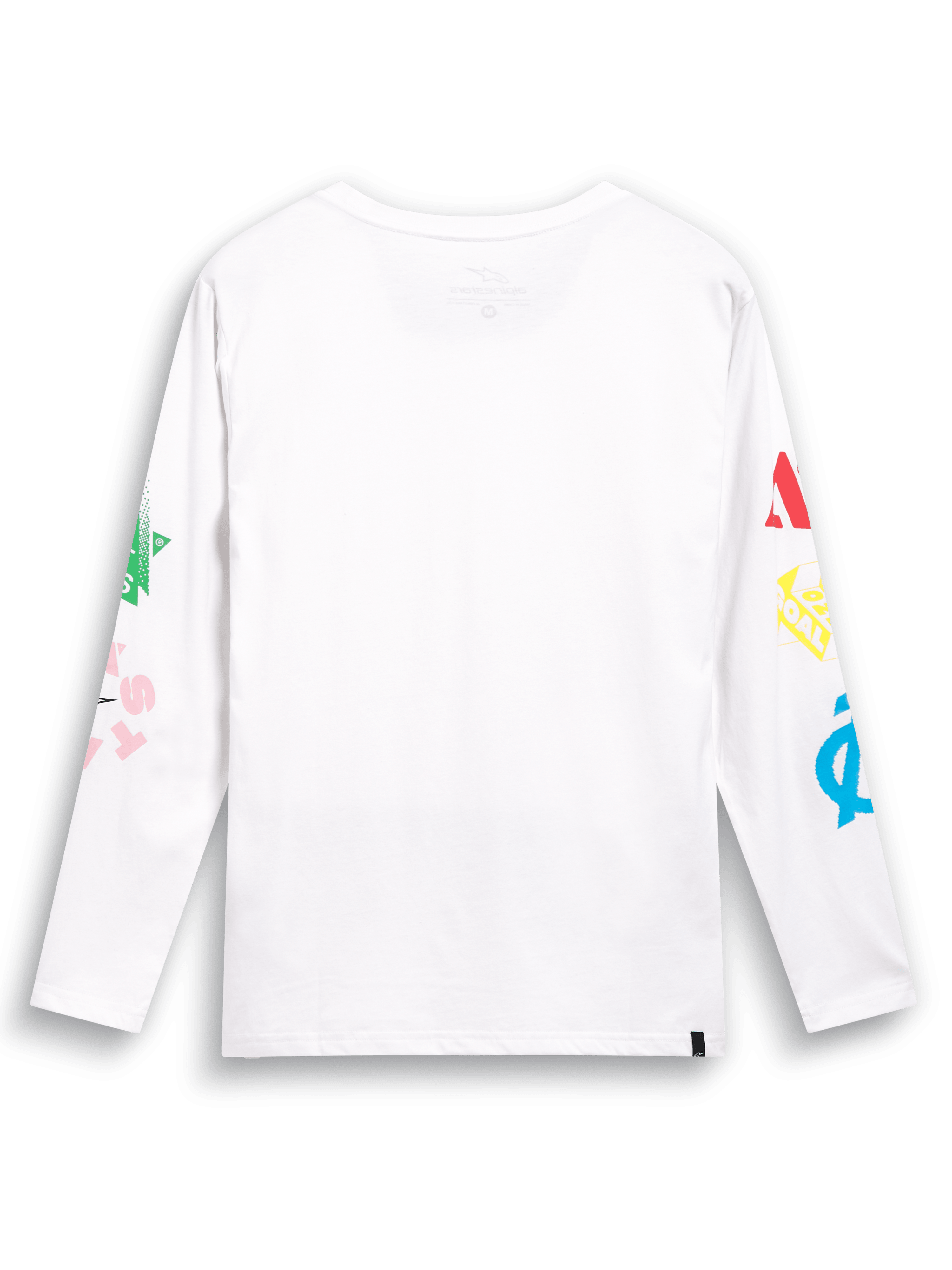 Alpinestars Brundo CSF Tee, Long Sleeve T-Shirt, White, back view featuring colorful multi-mix logo graphics on both sleeves, casual motorsport-inspired streetwear