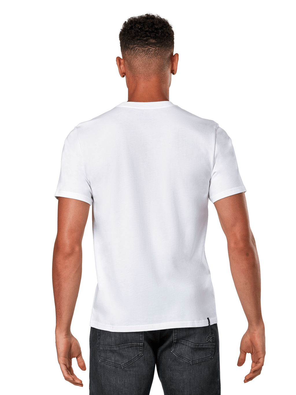 Alpinestars Glyfs CSF Tee, t-shirt à manches courtes, blanc, vue de dos d'un mannequin portant un t-shirt blanc uni et un denim foncé, streetwear motorsport décontracté