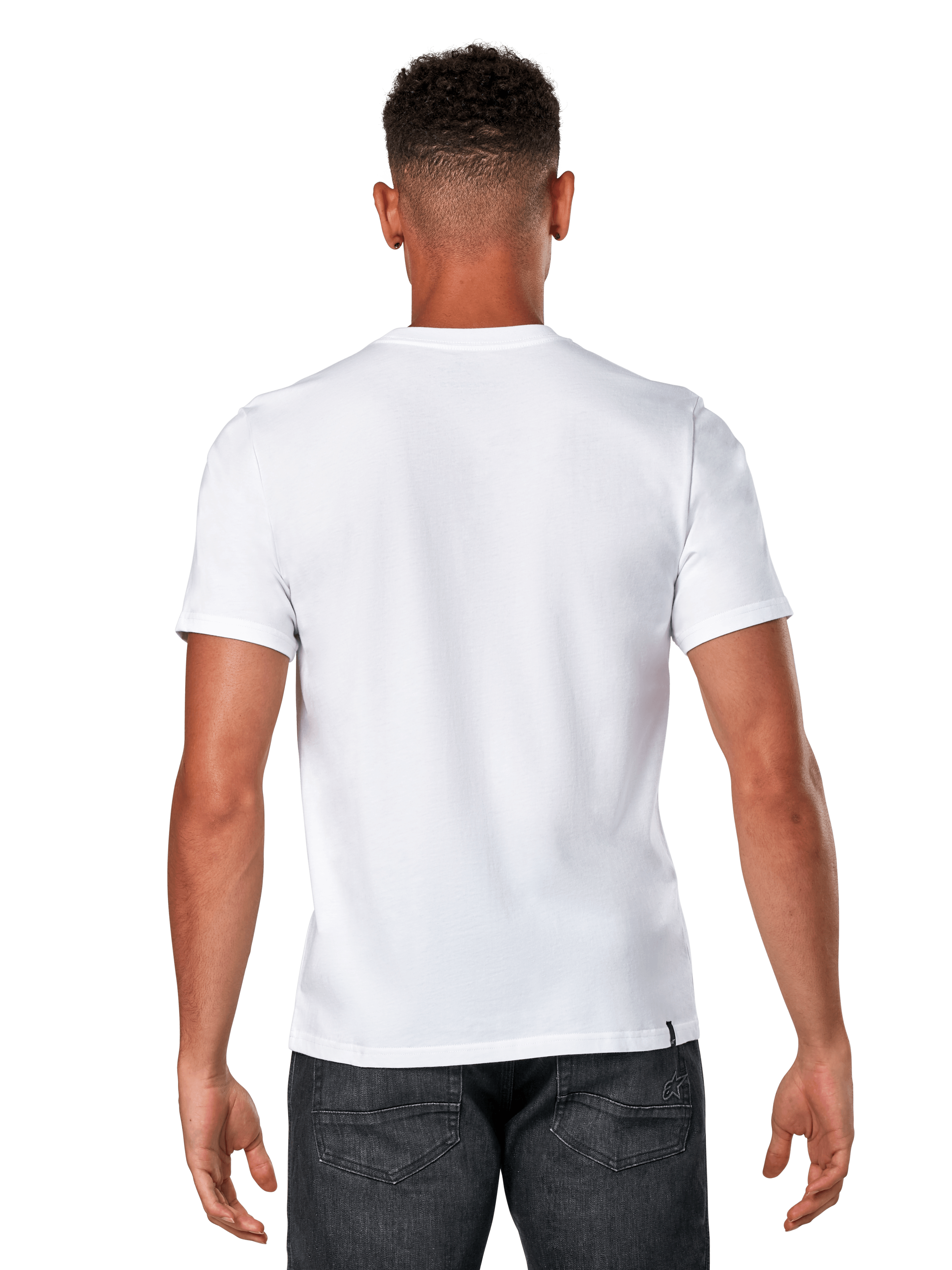 Alpinestars Glyfs CSF Tee, t-shirt à manches courtes, blanc, vue de dos d'un mannequin portant un t-shirt blanc uni et un denim foncé, streetwear motorsport décontracté