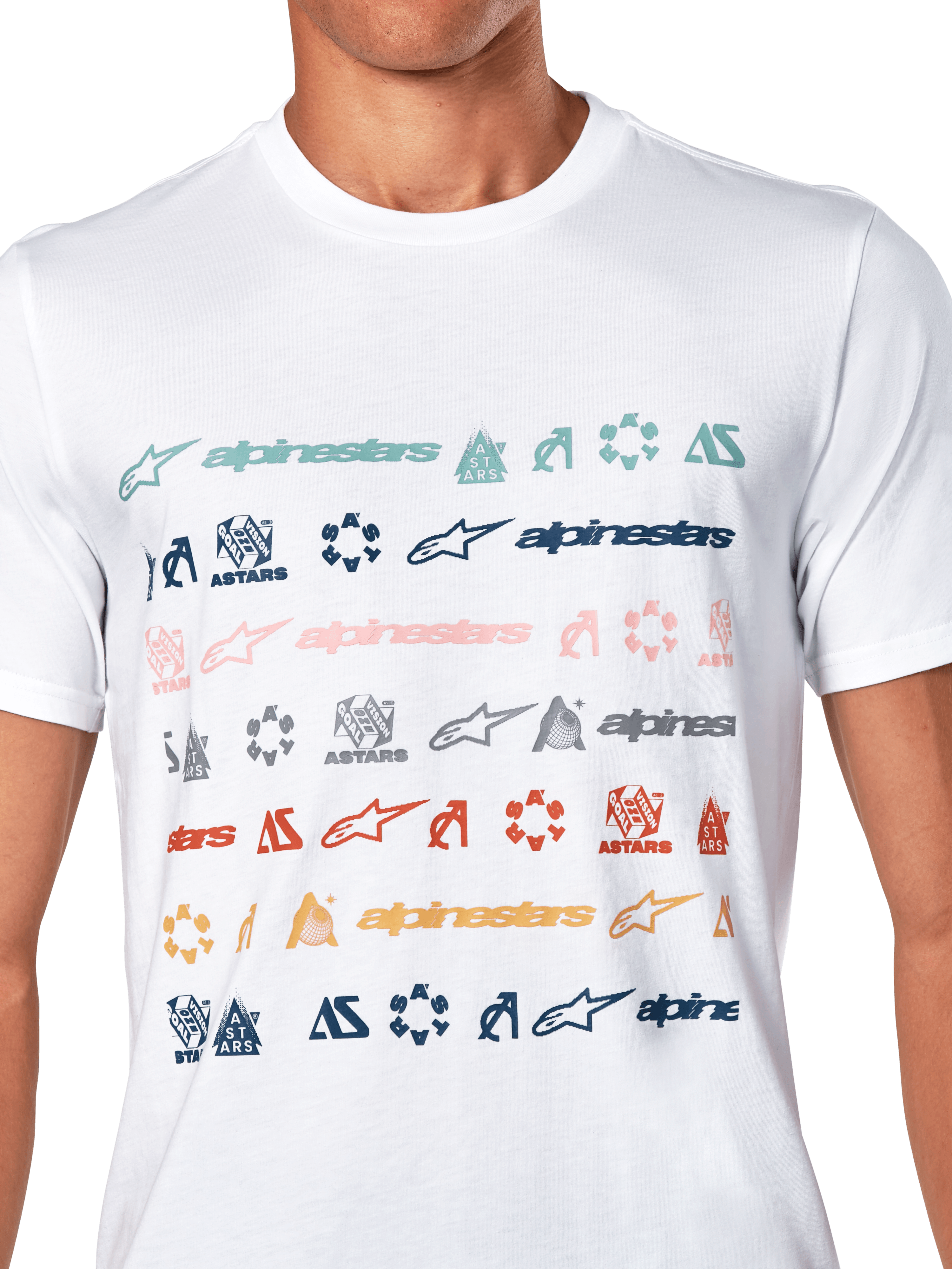 T-shirt Alpinestars Glyfs CSF, t-shirt à manches courtes, blanc, avec plusieurs rangées de logos et symboles Alpinestars colorés dans un imprimé graphique à rayures, streetwear décontracté inspiré des sports mécaniques