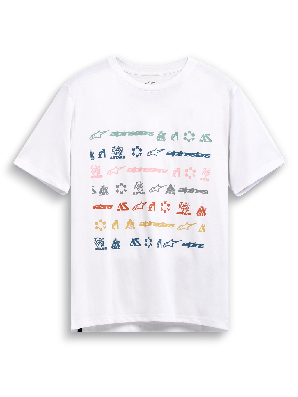 Alpinestars Glyfs CSF Tee, white short-sleeve sportswear t-shirt featuring a multi-logo striped graphic print on the front.