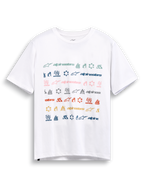 Alpinestars Glyfs CSF Tee, white short-sleeve sportswear t-shirt featuring a multi-logo striped graphic print on the front.