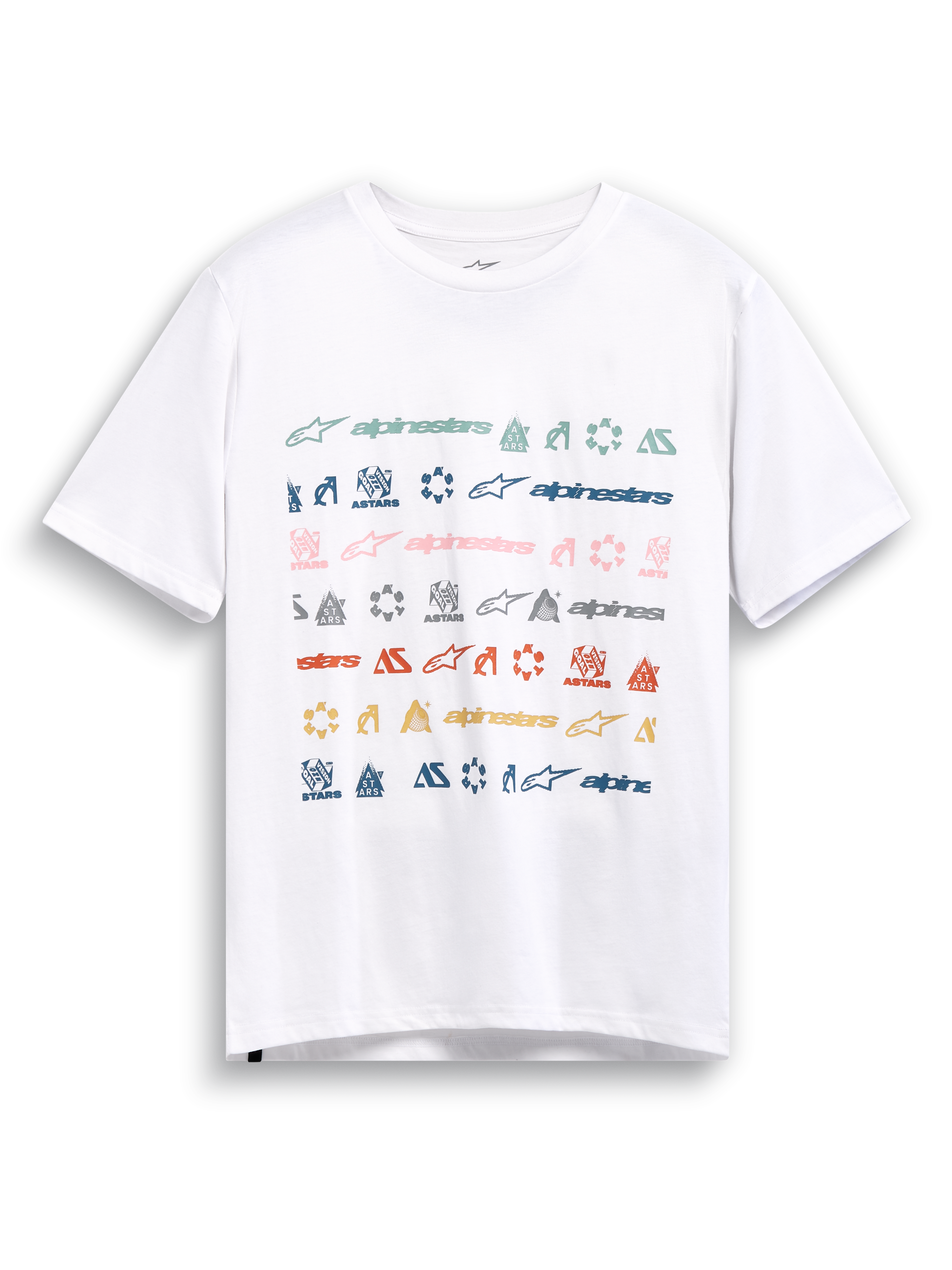 Alpinestars Glyfs CSF Tee, white short-sleeve sportswear t-shirt featuring a multi-logo striped graphic print on the front.