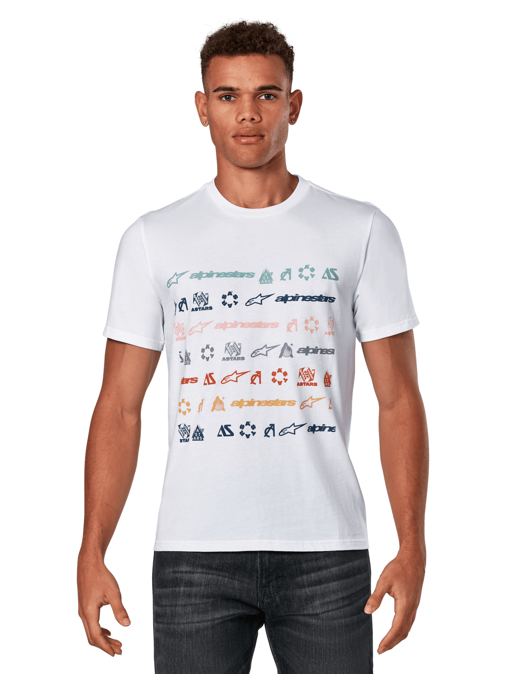 Alpinestars Glyfs CSF Tee, t-shirt à manches courtes, blanc, avec graphisme à rayures multi-logos et icônes colorées sur le devant, vêtement de sport décontracté motorsport