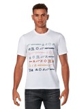 Alpinestars Glyfs CSF Tee, t-shirt à manches courtes, blanc, avec graphisme à rayures multi-logos et icônes colorées sur le devant, vêtement de sport décontracté motorsport
