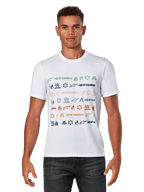 Alpinestars Glyfs CSF Tee, t-shirt à manches courtes, blanc, avec graphisme à rayures multi-logos et icônes colorées sur le devant, vêtement de sport décontracté motorsport