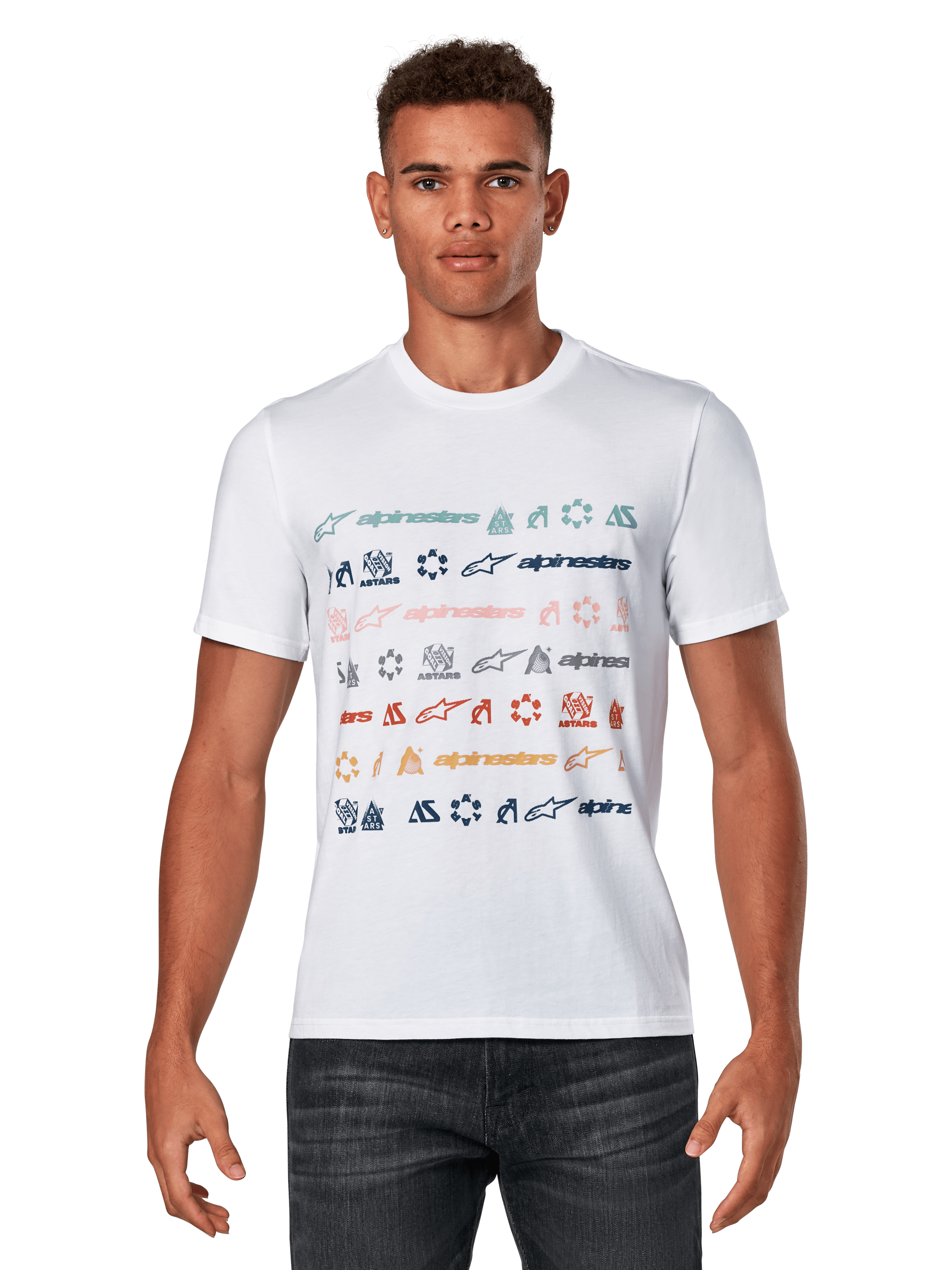 Alpinestars Glyfs CSF Tee, Short Sleeve T-Shirt, White, featuring a multi-logo striped graphic with colorful icons across the front, Casual Motorsport Sportswear